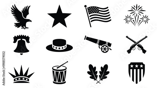 Patriotic symbols including eagle flag fireworks and historical icons in bold black vector art style