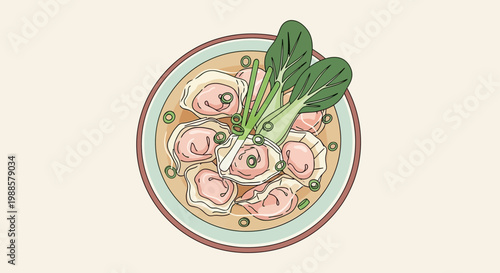 Delicious Dumplings in Broth with Greens - Asian Food Illustration