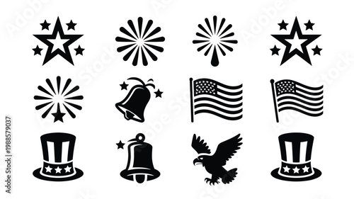Patriotic symbols including fireworks stars american flags eagle and uncle sam hat in clean vector illustration style