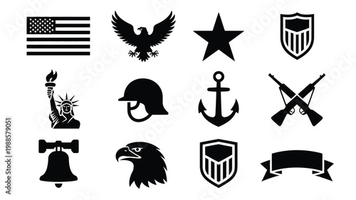Patriotic usa themed collection featuring twelve bold icons including flags eagles shields and symbols in black and white