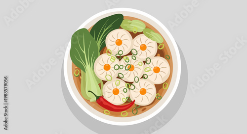 Delicious Dumplings Soup with Bok Choy and Chili Pepper