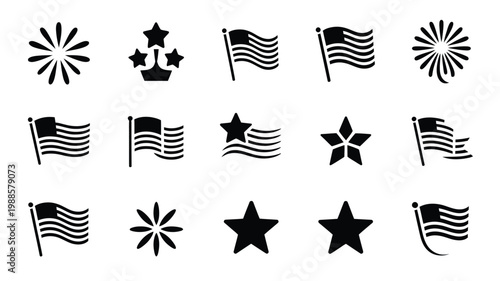 Minimalist monochrome collection of 12 patriotic flag and star symbols modern vector logo designs with bold stripes geometric shapes and clean simple layouts