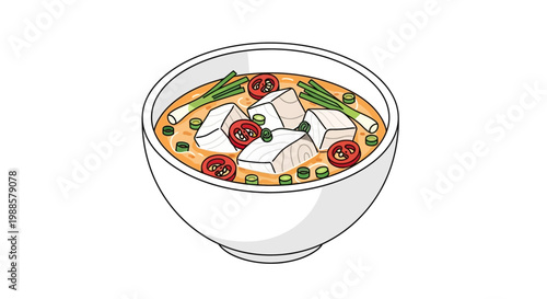 Delicious Fish Soup with Tofu, Tomatoes and Scallions in White Bowl