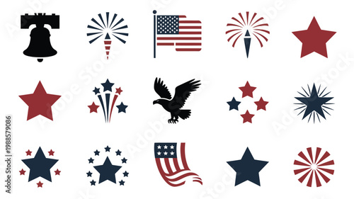Patriotic symbols including stars fireworks eagle and flag in bold red white and blue on clean vector background