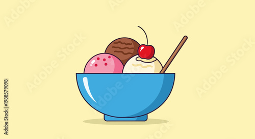 Delicious Ice Cream Bowl with Cherry and Spoon - Vector Illustration