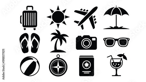 Black vector icons of travel essentials including suitcase sunglasses sun airplane and beach umbrella for holiday vacations