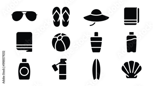 Black vector icons of beach essentials including sunglasses flip flops sun hat towel sunscreen beach ball and more