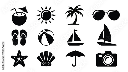 Black vector icons of beach and summer themes including sunglasses palm tree sun cocktail flip flops sailboats shell starfish camera and umbrella