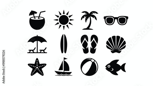 Tropical beach vacation icons with palm trees sun sunglasses flip flops seashells and beach balls in a clean vector style
