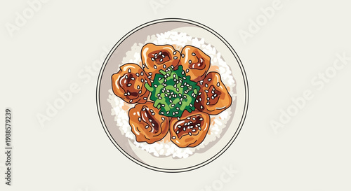Delicious Karaage Chicken Bowl with Rice and Greens, Top View Illustration