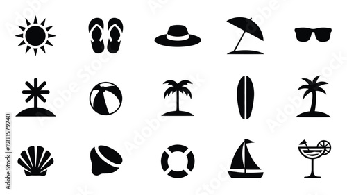 Clean vector icon set featuring summer beach elements with sun flip flops hat umbrella and palm trees in black and white