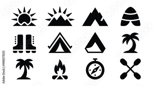 Minimalist silhouette icons depicting outdoor adventure travel and nature symbols in black and white