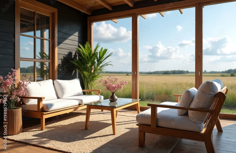 Fototapeta premium Modern wooden outdoor seating area with white cushions. Glass-top table holds pink flowers. Large windows show a scenic golden field and blue sky.