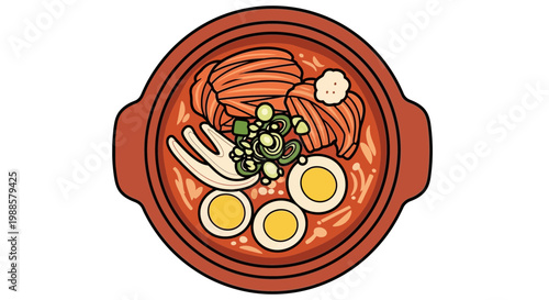 Delicious Ramen Noodle Soup Bowl with Egg and Kimchi Illustration
