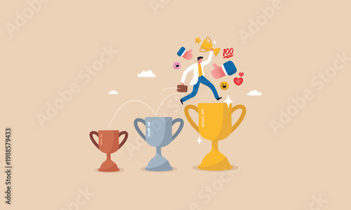 Businessman Jumping Across Trophy Awards Symbolizing Success and Career Growth Illustration