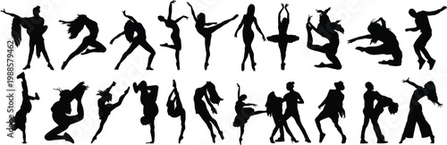 Set of black silhouettes of dancers. many different poses and movements of ballet dancers
