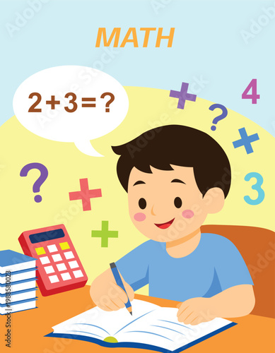 Math Learning Flat Illustration for Kids with Boy Solving Simple Arithmetic