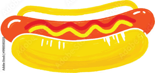 A cheerful, hand-drawn illustration of a hot dog. The hot dog is yellow with a bright red bun and ketchup.