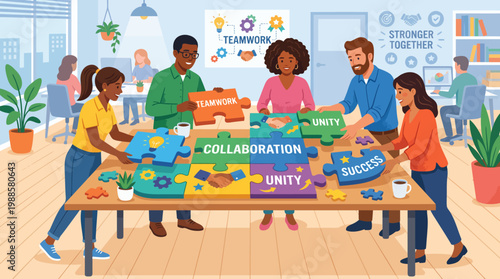 Diverse people collaborating with blocks.