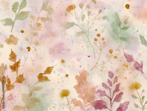 Watercolor painting of delicate floral arrangement with soft colors, creating a serene and artistic aesthetic. The artwork is characterized by subtle gradients, textures, and brushstrokes