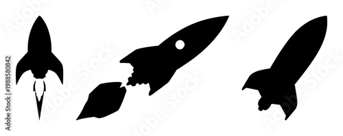 Rocket ship set with black silhouette on white background featuring space, launch, and futurism with black and white and vector illustration