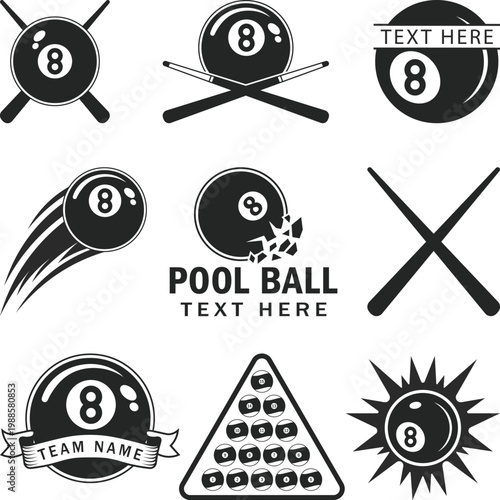 Pool Balls Set 1-15, Billiard 8 ball logo set. 6 billiard emblems with cue, Billiard balls on white background, pool balls svg, snooker balls Silhouette, Vector Illustration