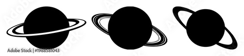 Planet set with black silhouette of a ringed world on a white background featuring planet, rings, space with astronomy and celestial