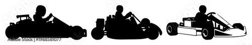 Black silhouette, white background: go kart set with simple line art design featuring sketches, drawings, vector graphics with minimalist and simple illustrations