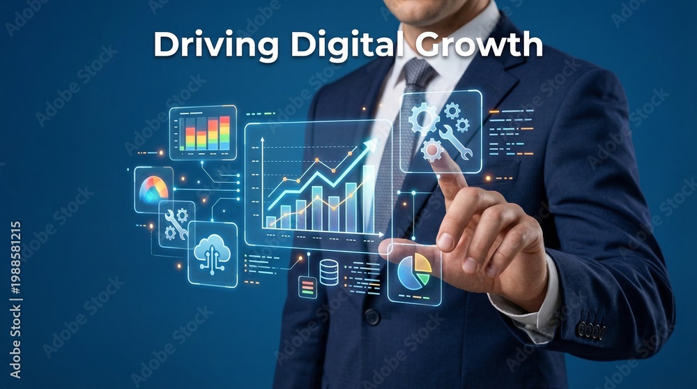 Obraz premium Businessman interacting with digital growth charts and business icons