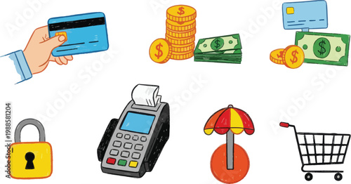 A hand holds a credit card while other icons depict money, a payment terminal, a padlock, a shopping cart, and a tent.