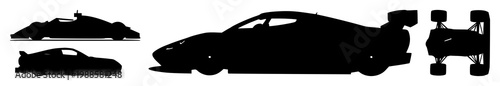 Racing car set with black silhouette against white background featuring automotive, speed, sports with line art and vector design