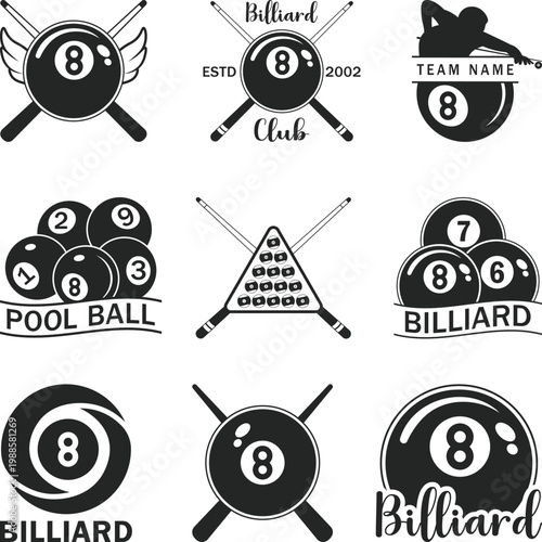 Pool Balls Set 1-15, Billiard 8 ball logo set. 6 billiard emblems with cue, Billiard balls on white background, pool balls svg, snooker balls Silhouette, Vector Illustration