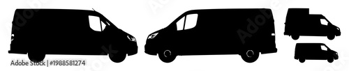 Delivery van set with black silhouette on white background featuring delivery, logistics, transport with vehicle and freight