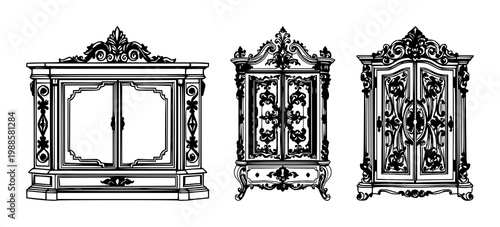 Cabinet set with ornate silver design and black line art on white background featuring furniture, interior decor, architecture with silver and wood detailing