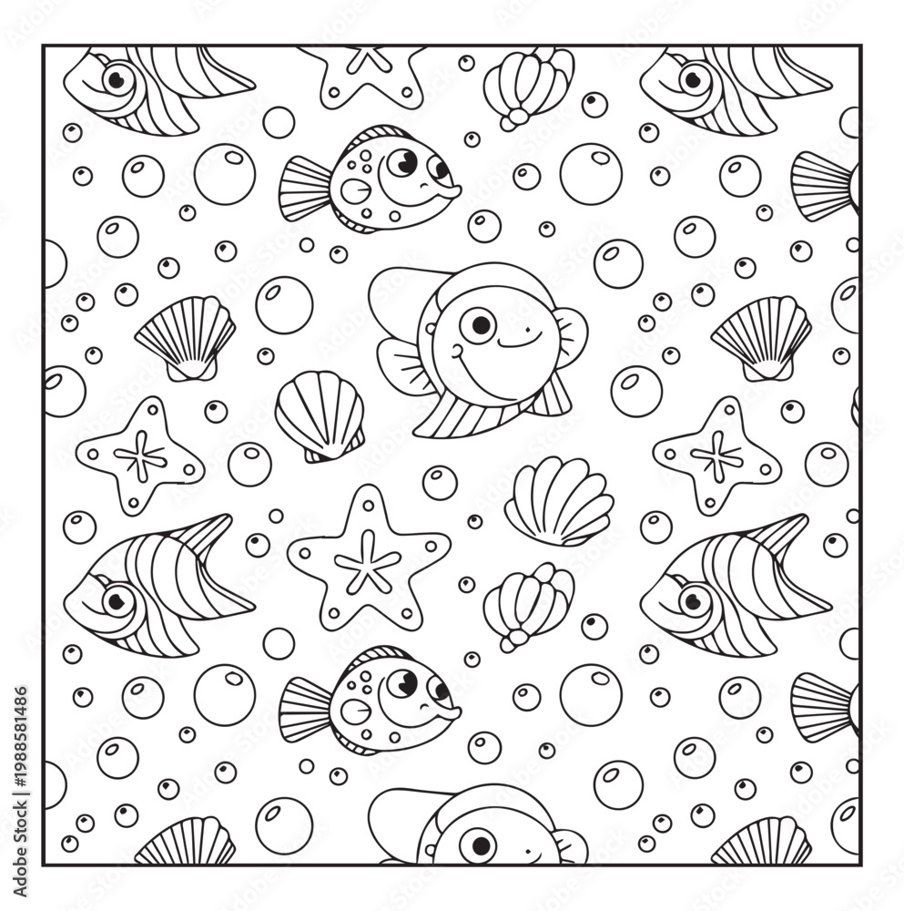 Fototapeta premium Abstract seamless pattern of fish, seashell and starfish hand-drawn doodles coloring page design for kids and adults