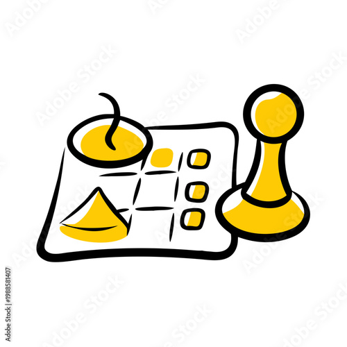 Board game elements with pawn and scoring sheet and cup on transparent background