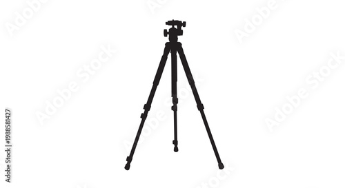 A black silhouette of a professional camera tripod on a white background