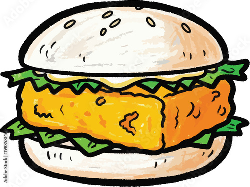 A hand-drawn illustration of a burger. The burger has a sesame seed bun, lettuce, a patty, and sauce.