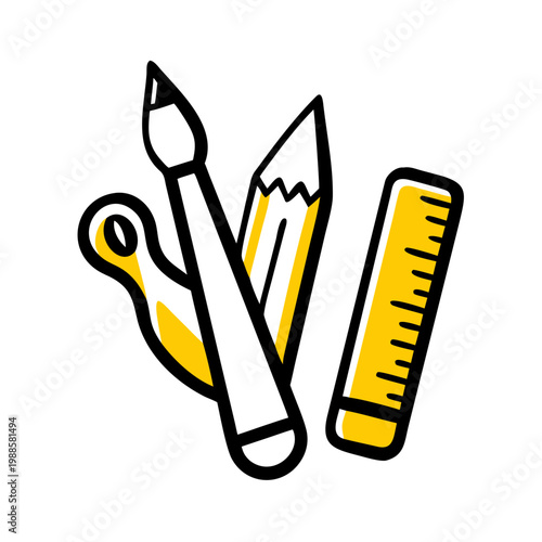 Stationery supplies set icon. education materials collection. outline design with yellow color filling