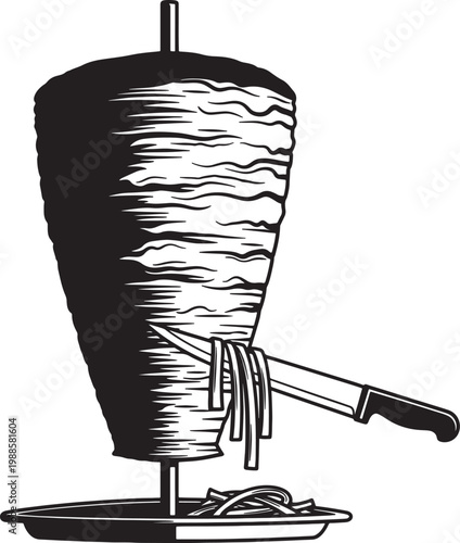Doner Kebab Meat on Vertical Spit with Knife