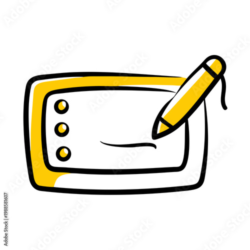 Hand sketched graphic tablet with stylus and buttons, yellow accent, isolated on transparent
