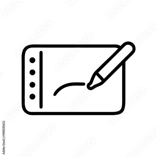 Outline icon of graphic tablet with stylus drawing curve, isolated on transparent background