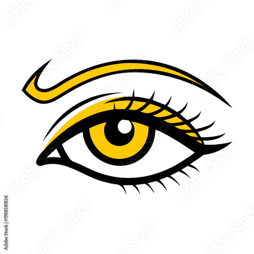 Vibrant stylized eye, black outline, yellow iris, bold lashes on transparent background