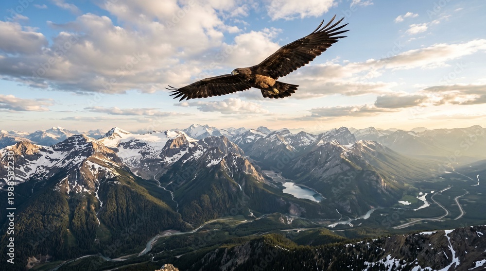 Fototapeta premium Majestic eagle in powerful flight above stunning snow-capped mountain range and vast wilderness landscape under an epic sky
