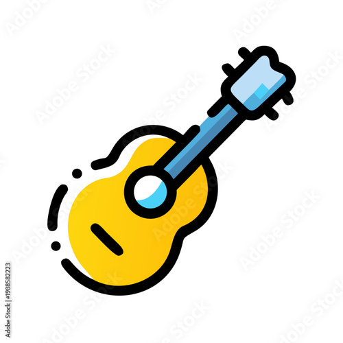 Stylized colorful icon of a ukulele guitar with yellow body and blue neck on transparent background