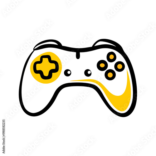 Abstract stylized drawing of a video game controller with yellow accents on transparent background