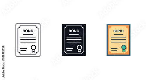 Set of bond certificate icons in black, white and color
