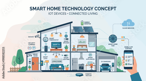 Smart home technology concept with devices.