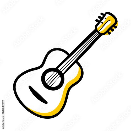 Stylized drawing of acoustic guitar with yellow highlights and black outline on transparent background