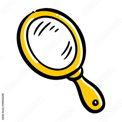 Retro yellow and black handheld mirror, reflection of simple lines on transparent background